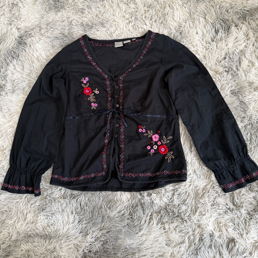 Vintage Black embroidered blouse with pink accents